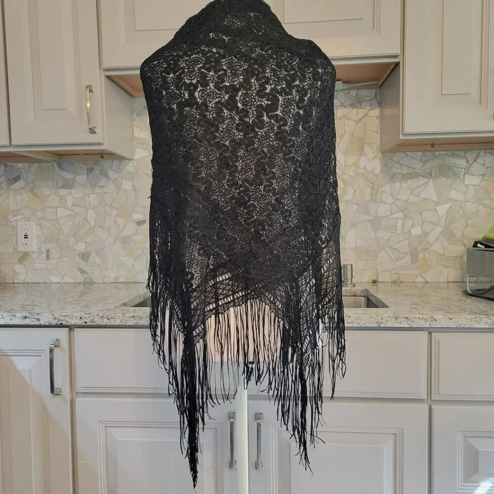 Black Fringe Shawl with sparkles 42x44, Sassy! - Picture 4 of 10